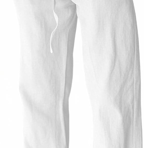 Men's cotton linen pants, elastic waist drawstring, lightweight, wide leg loose design 
