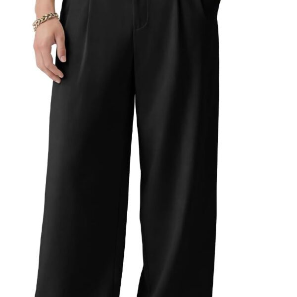 Men's casual pants, loose fit, pleated wide leg, stretch waist, zip fly