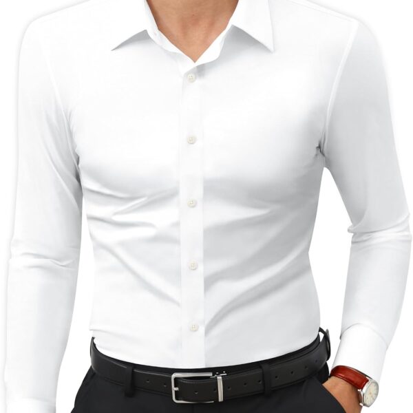 Stretch Muscle Fit Long Sleeve Slim Fit Wrinkle Free Dress Shirt