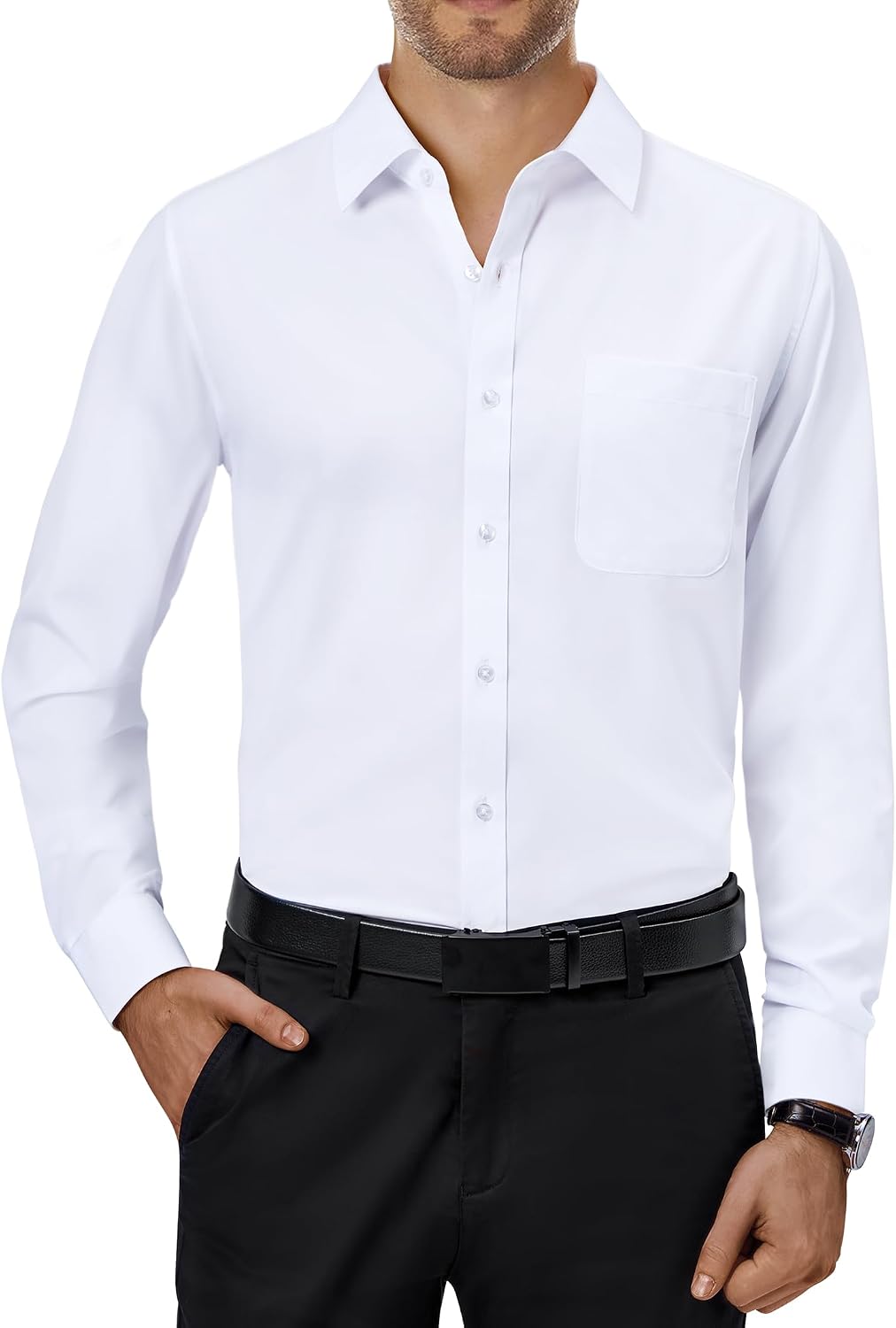 4 Way Stretch Long Sleeve Collared Casual Button Down Dress Shirt